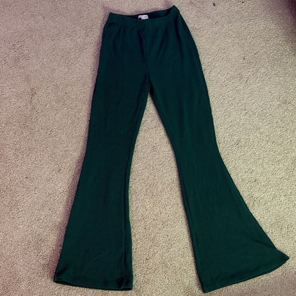 Dark Green Flared Ribbed Pants